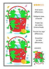 Difference game with frogs and red bucket full of water
