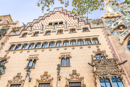 Barcelona, Spain - November 26,2021: Bottom view of the facade of the Casa Amatller building on Passeig de Gracia in Barcelona. Famous Catalan architecture by Josep Puig i Cadafalch, 1900