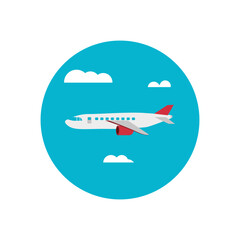 Naklejka na ściany i meble Airplane Flying in the Sky among the Clouds to the East, Travel and Tourism Concept , Air Travel and Transportation, Vector Illustration 