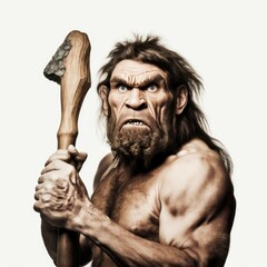 Portrait of a menacing primitive neanderthal caveman male holding a wooden club isolated on a white background - obrazy, fototapety, plakaty