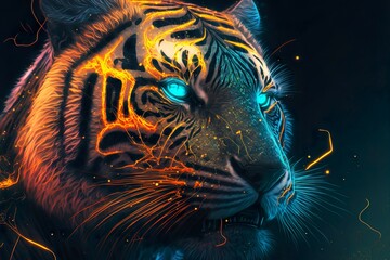 Glowing eyes of the neon tiger, wild animal, portrait of a carnivore head, dark blue background.