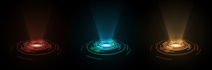 Color hologram portal. Magic fantasy portal. Magic circular podium for teleportation with a hologram effect. Vector glow rays.