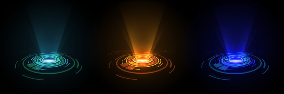 Color hologram portal. Magic fantasy portal. Magic circular podium for teleportation with a hologram effect. Vector glow rays.