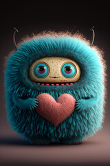 Adorable monster holding a heart. Cute valentines monster. Cute fluffy creature with a heart. Valentines day card.