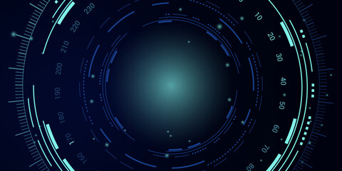 Tech design. Abstract technological dark blue background. Image of circles with numbers, scales, spots of light. digital interface, portal, teleport and technology concept.