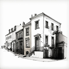 pencil drawings of street houses in gray tones