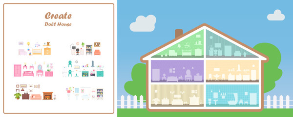 Doll House in cross section with place for furniture. Furniture for different rooms. Doll house interior concept. Vector illustration. Cartoon flat style