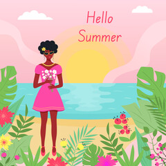 Summer landscape and african girl with a bouquet of flowers. Tropical plants and sunset on the sea. Hello summer text.