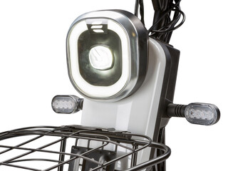 electric scooter front headlight glows. scooter details on white background for catalog