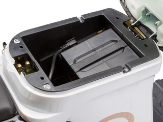 open trunk of electric scooter. scooter details on white background for catalog