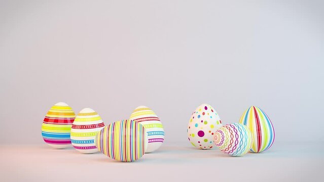 Video animation of seven colorful painted easter eggs on white background
