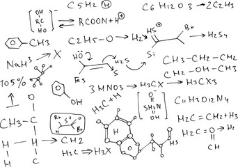 Chemical formulas and expressions. Vector scientific background. Handwritten on white.