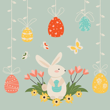 Easter holiday design, vector illustration with a rabbit and colorful Easter eggs, butterflies and spring flowers