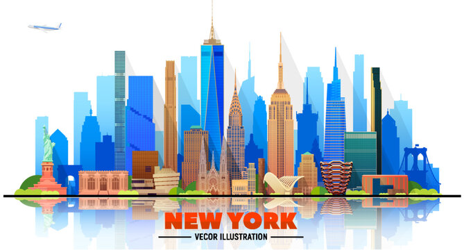 New York skyline in the white background. Flat vector illustration. Business travel and tourism concept with modern buildings. Image for banner or website.