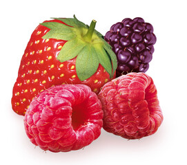 Composição com frutas vermelhas frescas - morango, amora e framboesa 
