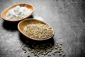 Wheat grain and flour in bowls.