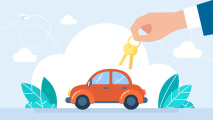 Car showroom. Purchase sale or rental car. Seller man hands over the keys of the auto owner. Buying or renting auto. People rent a car. Dealer giving keys chain to a buyer hand. Vector illustration