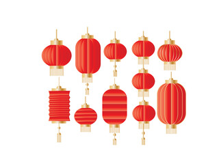 Set of hanging red Chinese lanterns.Japanese lamps.Chinese or lunar new year.Oriental festival.Asia concept.Chinatown traditional.Sign, symbol, icon or logo isolated.Realistic vector illustration.