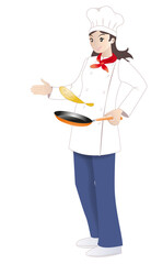 Chef femme qui fait des crêpes  sur fond blanc