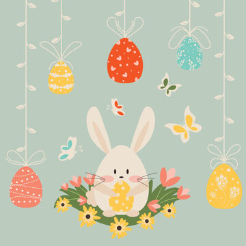 Easter holiday design, vector illustration with a rabbit and colorful Easter eggs, spring flowers