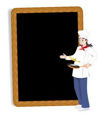 Obraz premium Chef femme qui fait des crêpes devant une ardoise