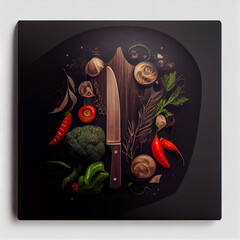 Wooden cutting board, knife, vegetables, herbs and meat steaks as ingredients for cooking. Dark background.