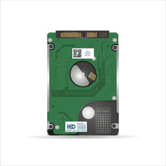 Realistic internal hard drive on a white background. Rear side HDD harddisk