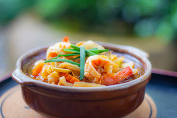 udon noodles kimchi pork shrimp focus view