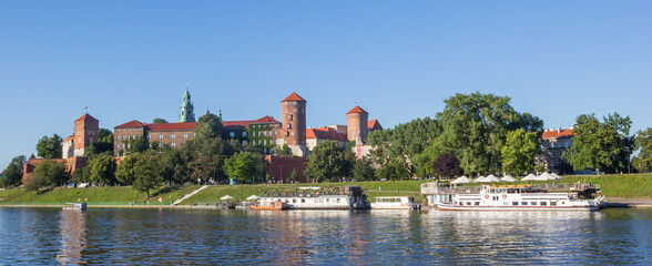 Panorama of the Wawel castle at the river Vistula in Krakow, Poland