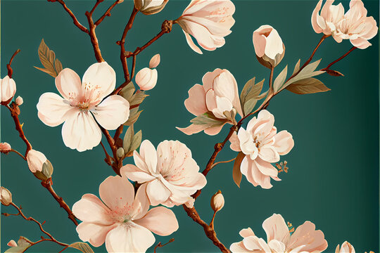 fresh floral pattern with almond tree blossoms, ideal for decorative backgrounds, generative AI