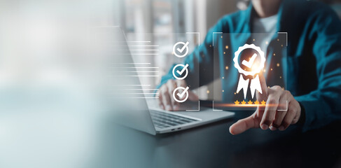 The company's product quality certificate is compliant, the check mark symbol represents the standard quality control.iso certified business,to international standards and quality assurance concept.