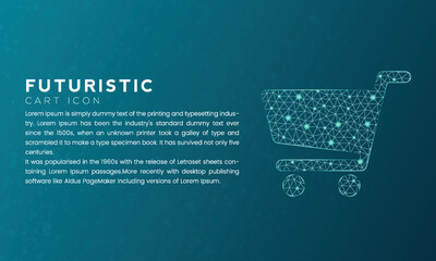 Blue futuristic cart icon concept with polygon node connected dots and neon effect