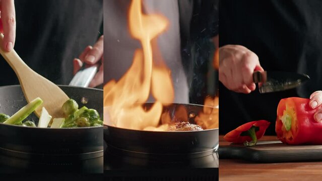 Collage of cooking on professional kitchen, Chef frying ribs with flambe technique. Professional cheif cooking pork meat in restaurant kitchen. Delicious barbecue pork, mexican spicy cuisine