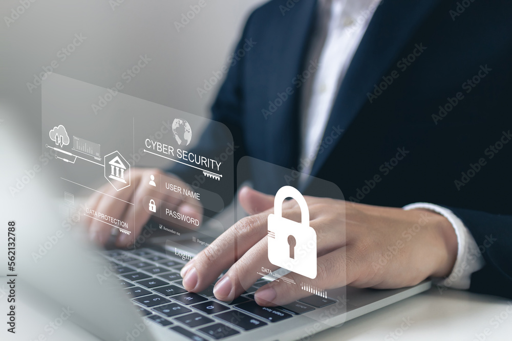 Poster user typing login and password on laptop with virtual interfaces icons,lock icon and internet networ