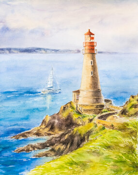 Lighthouse on the cliff at sunset, watercolor hand drawn illustration