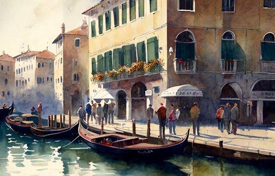 Watercolor digitally generated drawing of a unnamed sidewalk or road with a water canal, gondolas and people walking in Venice, Italy. Generative AI