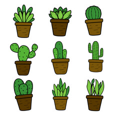 Set of house plnats in pots. Vector outline and flat style illustration