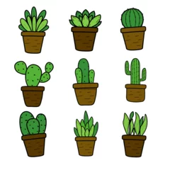 Deurstickers Cactus in pot Set of house plnats in pots. Vector outline and flat style illustration