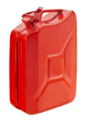 Metal red canister with handle for storing automobile diesel or gasoline, jerrycan container for storing supplies of water or oil