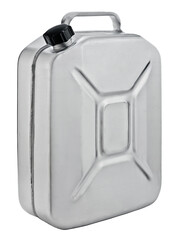 Metal gray canister with handle for storing automobile diesel or gasoline, jerrycan container for storing supplies of water or oil