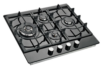 Modern gas cooking stove with four burners and power control knobs, home equipment for preparing food in the kitchen