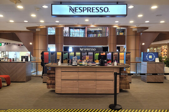 PENANG, MALAYSIA - 8 DEC 2022: View of Nespresso Coffee Machine on store shelf in shopping Mall. Nespresso Machines Brew Espresso from capsules or pods in machines for home and pro.