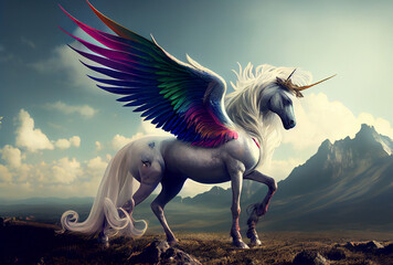 Obraz na płótnie Canvas White unicorn with rainbow wings on the top of mountain background. Generative AI