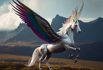 Fototapeta na wymiar White unicorn with rainbow wings on the top of mountain background. Generative AI