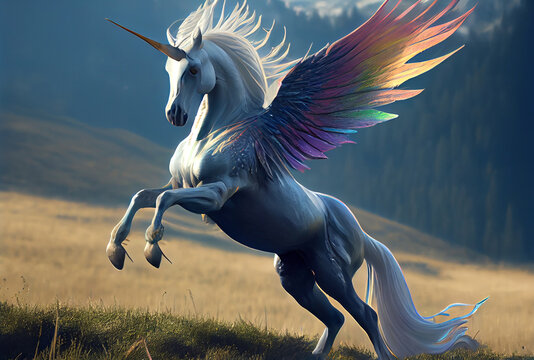 White unicorn with rainbow wings on the top of mountain background. Generative AI