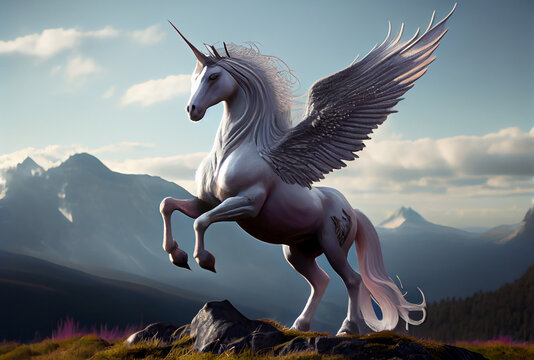 White unicorn with wings on the top of mountain background. Generative AI