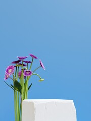 Simple minimalist stone square podium and blue wall with decorative sunflowers standing upright, 3d render
