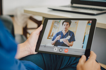 Fototapeta na wymiar Telemedicine and home healthcare concept of telehealth video call with doctor online. Treatment and advice consult therapy service for virtual meeting from home.