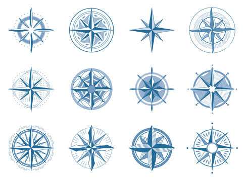 Wind rose compass set. Navigation devices with indication of the cardinal directions. Signs of vector nautical compass