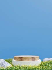 Simple minimalist wooden podium and stone circle and blue wall with flower grass plants in the garden, 3d render